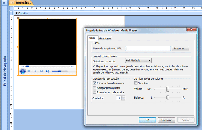 Abrindo propriedades do Windows Media Player no Access 2007